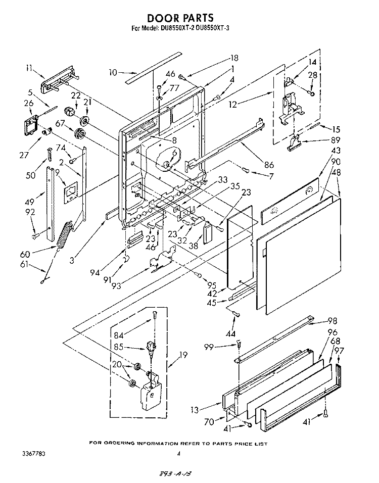 DOOR Diagram and Parts List for DU8550XT3  Whirlpool Dishwasher