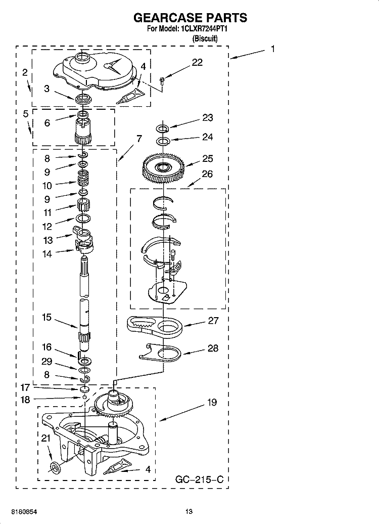 GEARCASE PARTS, OPTIONAL PARTS Diagram and Parts List for 1CLXR7244PT1  Whirlpool Washer