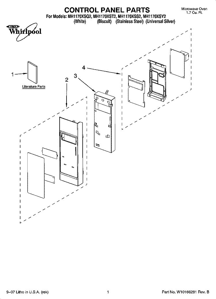 CONTROL PANEL PARTS Diagram and Parts List for MH1170XST2  Whirlpool Microwave