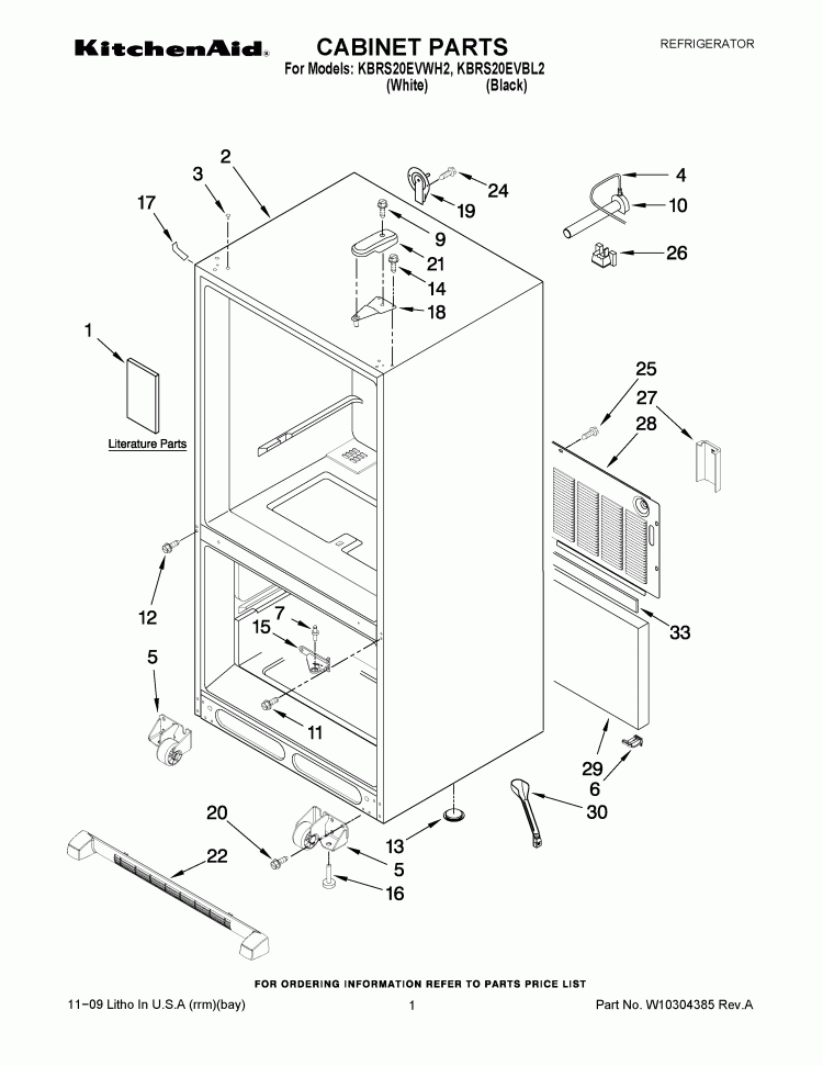 CABINET PARTS Diagram and Parts List for KBRS20EVBL2  KitchenAid Refrigerator