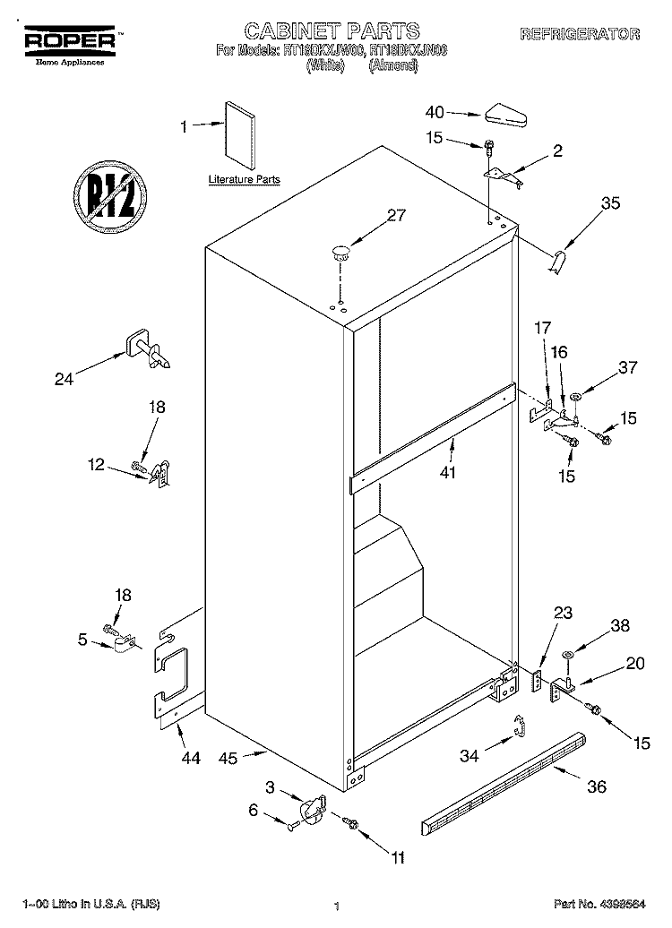 CABINET, LITERATURE Diagram and Parts List for RT18DKXJW00  Roper Refrigerator