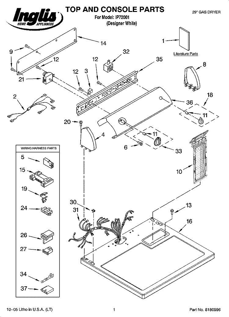 TOP AND CONSOLE PARTS Diagram and Parts List for IP72001  Inglis Dryer