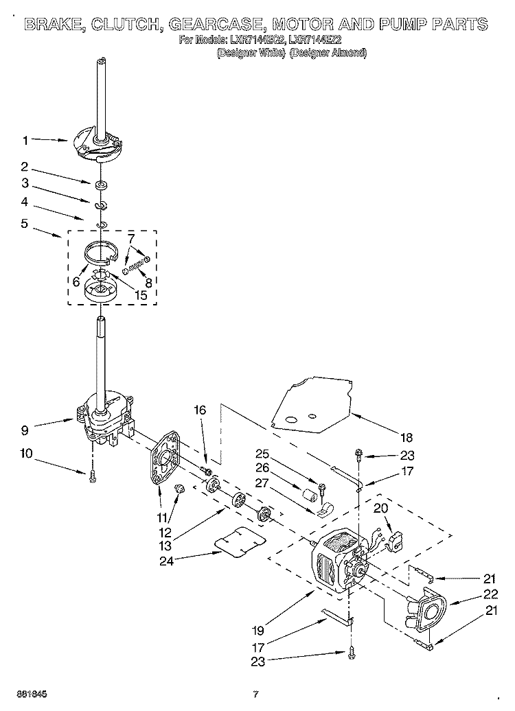 BRAKE, CLUTCH, GEARCASE, MOTOR AND PUMP Diagram and Parts List for LXR7144EQ2  Whirlpool Washer