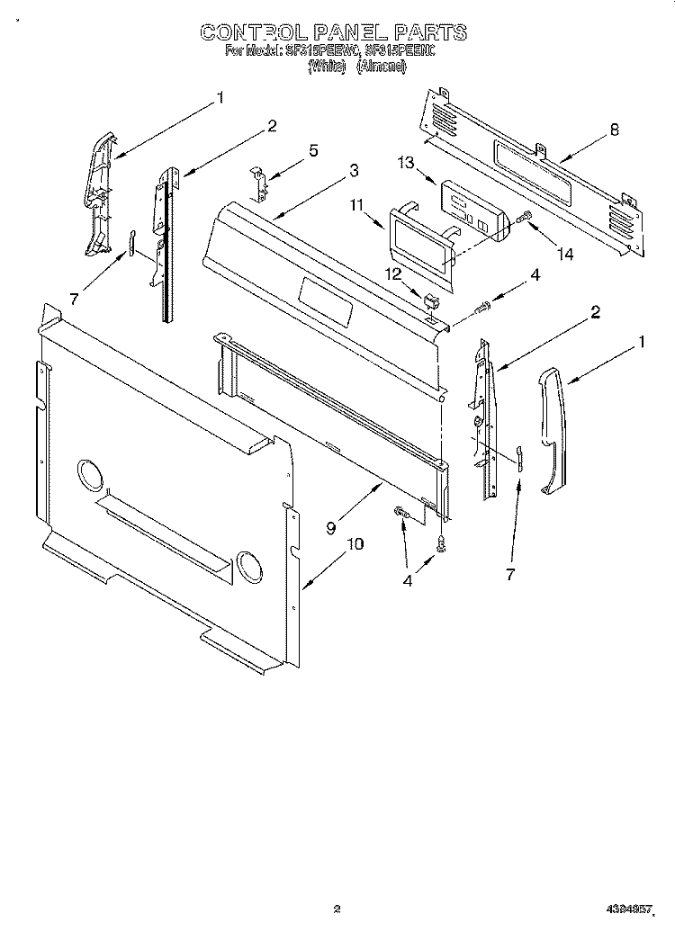 CONTROL PANEL Diagram and Parts List for SF315PEEN0  Whirlpool Range