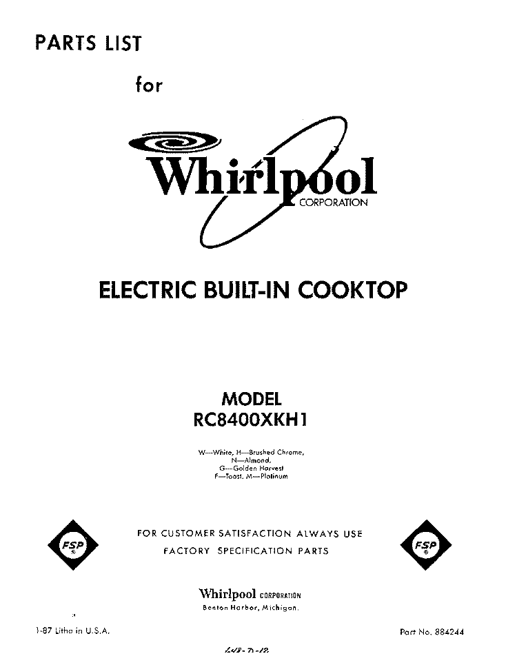 SECTION Diagram and Parts List for RC8400XKW1  Whirlpool Cooktop