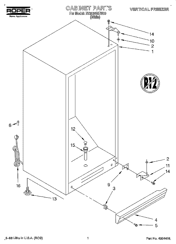 CABINET Diagram and Parts List for RV2099REW00  Roper Freezer
