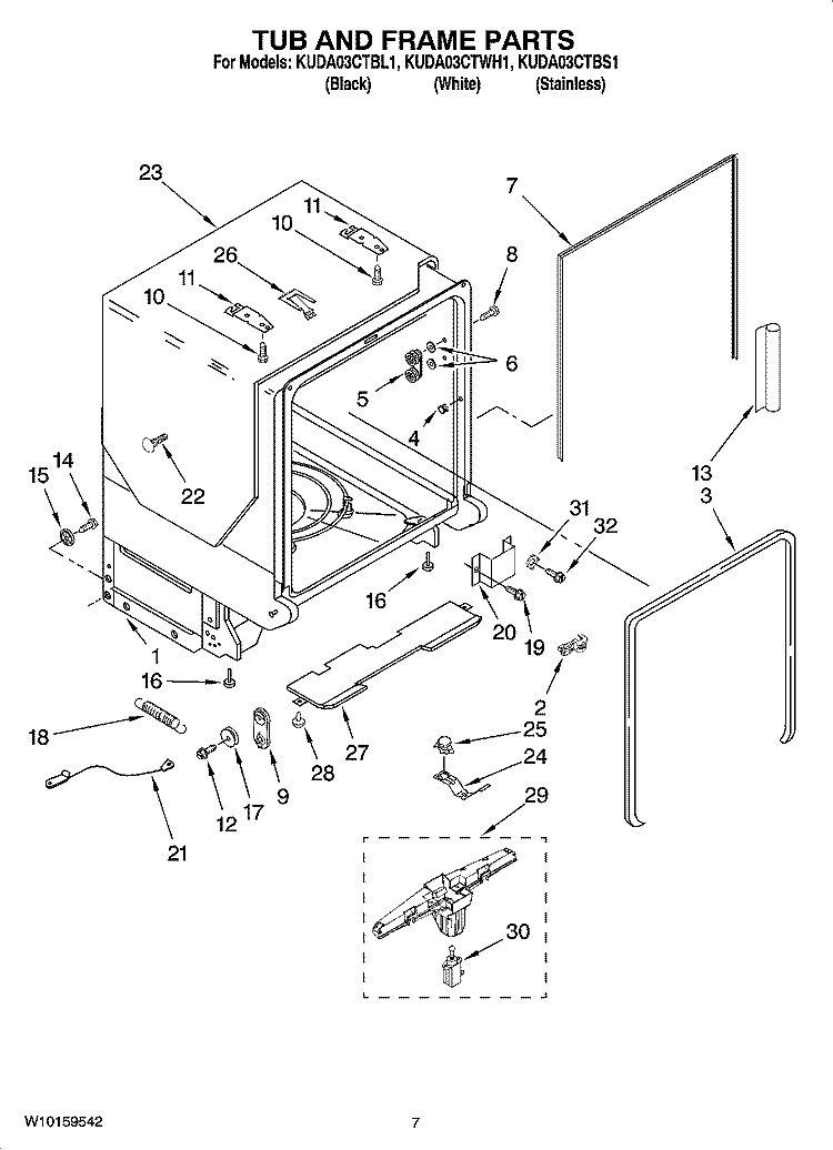 TUB AND FRAME PARTS Diagram and Parts List for KUDA03CTBL1  KitchenAid Dishwasher
