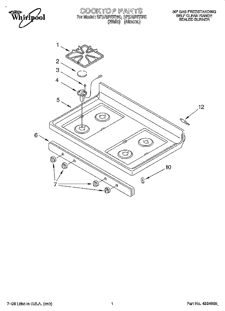 COOKTOP Diagram and Parts List for SF375PEEW0  Whirlpool Range