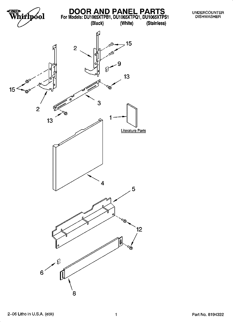 DOOR AND PANEL PARTS Diagram and Parts List for DU1065XTPS1  Whirlpool Dishwasher