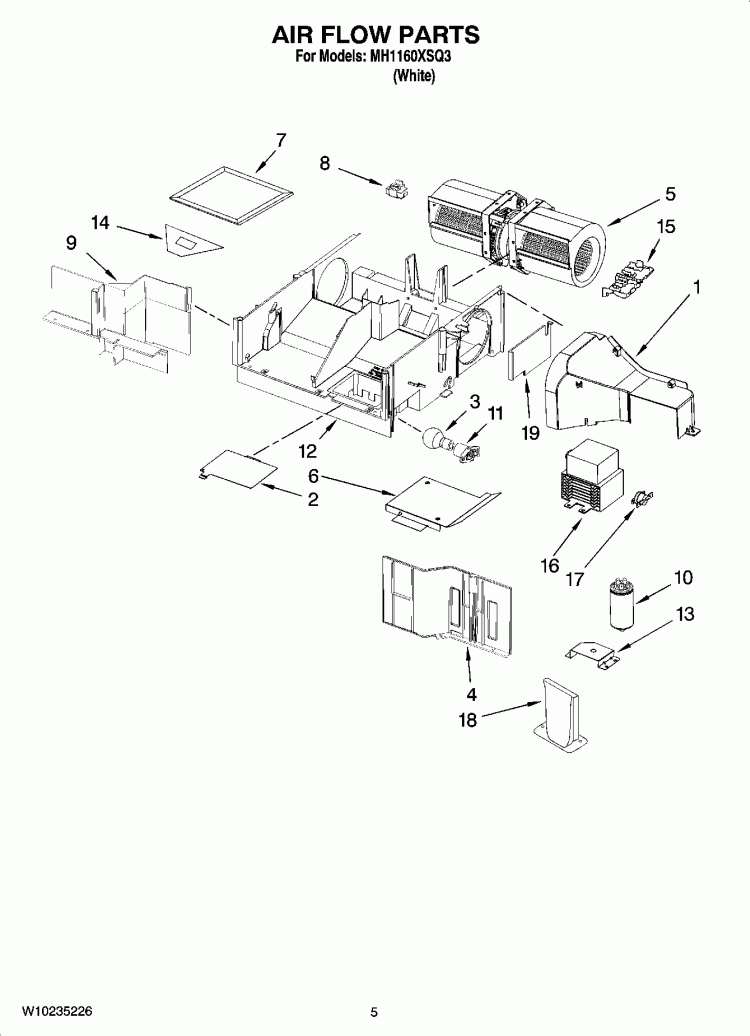 AIR FLOW PARTS Diagram and Parts List for MH1160XSQ3  Whirlpool Microwave