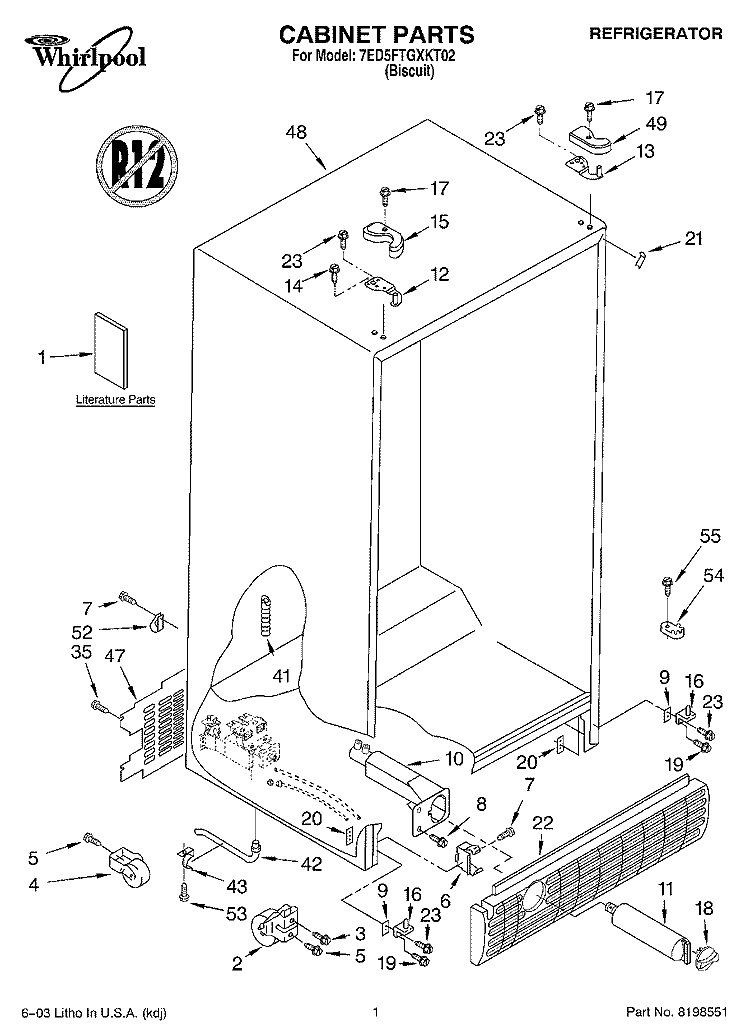 CABINET PARTS Diagram and Parts List for 7ED5FTGXKT02  Whirlpool Refrigerator
