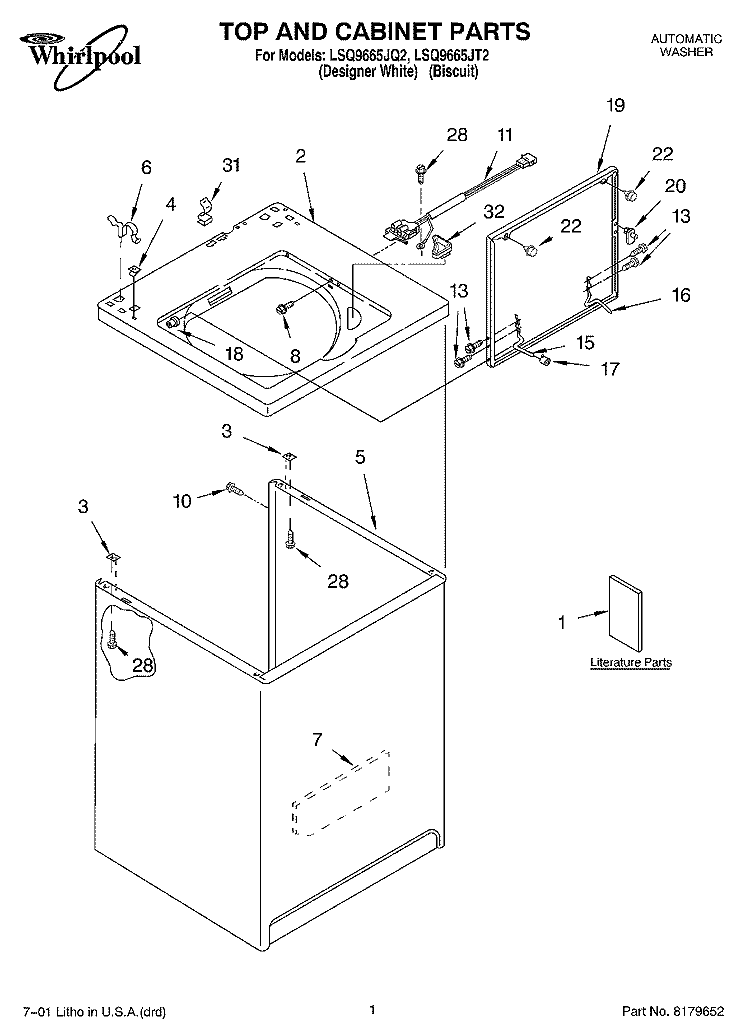 TOP AND CABINET, LITERATURE Diagram and Parts List for LSQ9665JT2  Whirlpool Washer