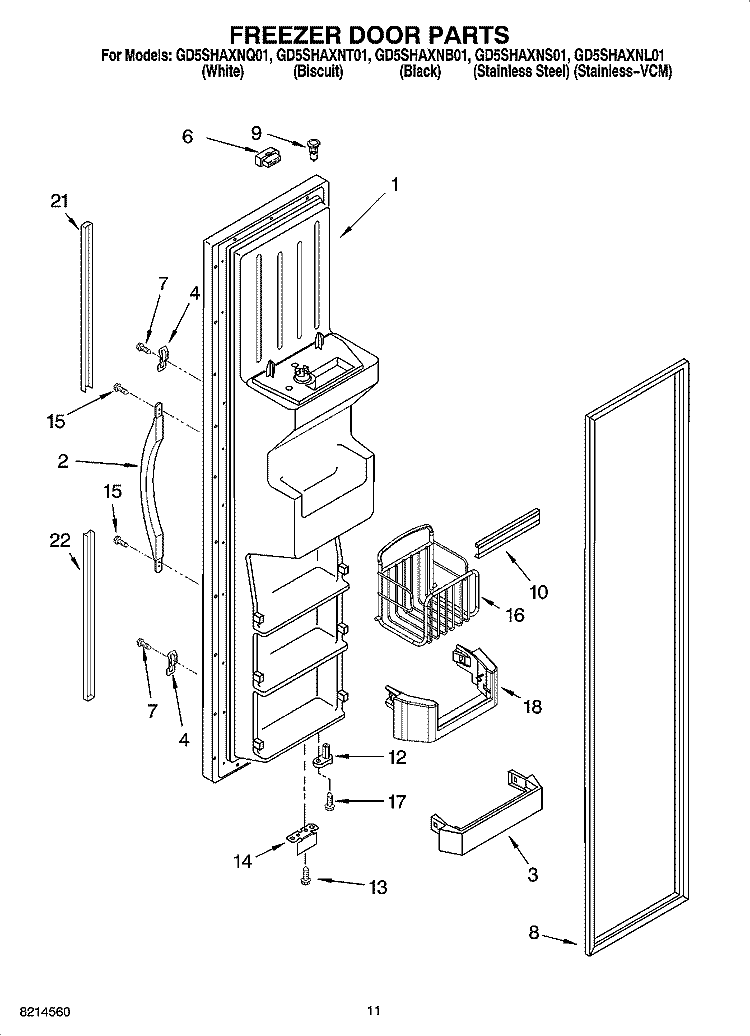 FREEZER DOOR PARTS Diagram and Parts List for GD5SHAXNB01  Whirlpool Refrigerator