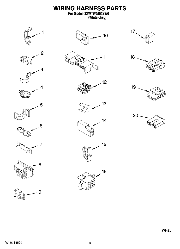 WIRING HARNESS PARTS Diagram and Parts List for 3XWTW5905SW0  Whirlpool Washer