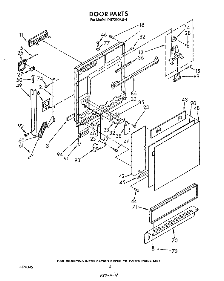 DOOR Diagram and Parts List for DU7200XS4  Whirlpool Dishwasher