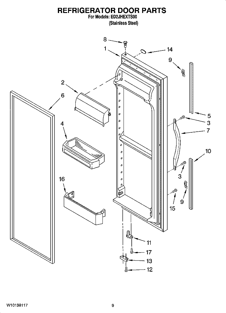 REFRIGERATOR DOOR PARTS Diagram and Parts List for ED2JHEXTS00  Whirlpool Refrigerator