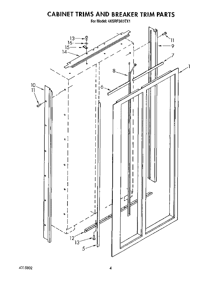 CABINET TRIMS AND BREAKER TRIM Diagram and Parts List for 4KSRF36DTX1  KitchenAid Refrigerator
