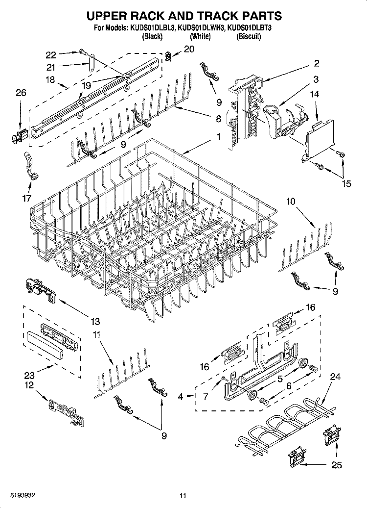 UPPER RACK AND TRACK PARTS Diagram and Parts List for KUDS01DLBT3  KitchenAid Dishwasher