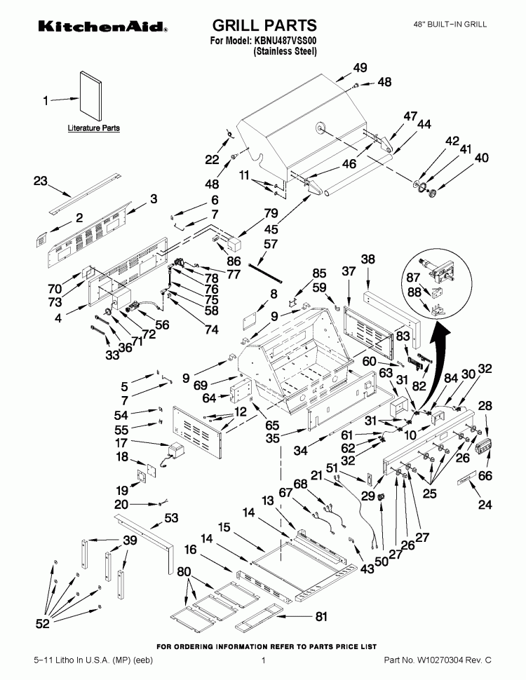 GRILL PARTS Diagram and Parts List for KBNU487VSS00  KitchenAid Grill