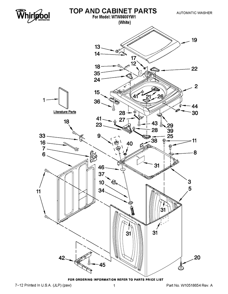 TOP AND CABINET PARTS Diagram and Parts List for WTW8600YW1  Whirlpool Washer