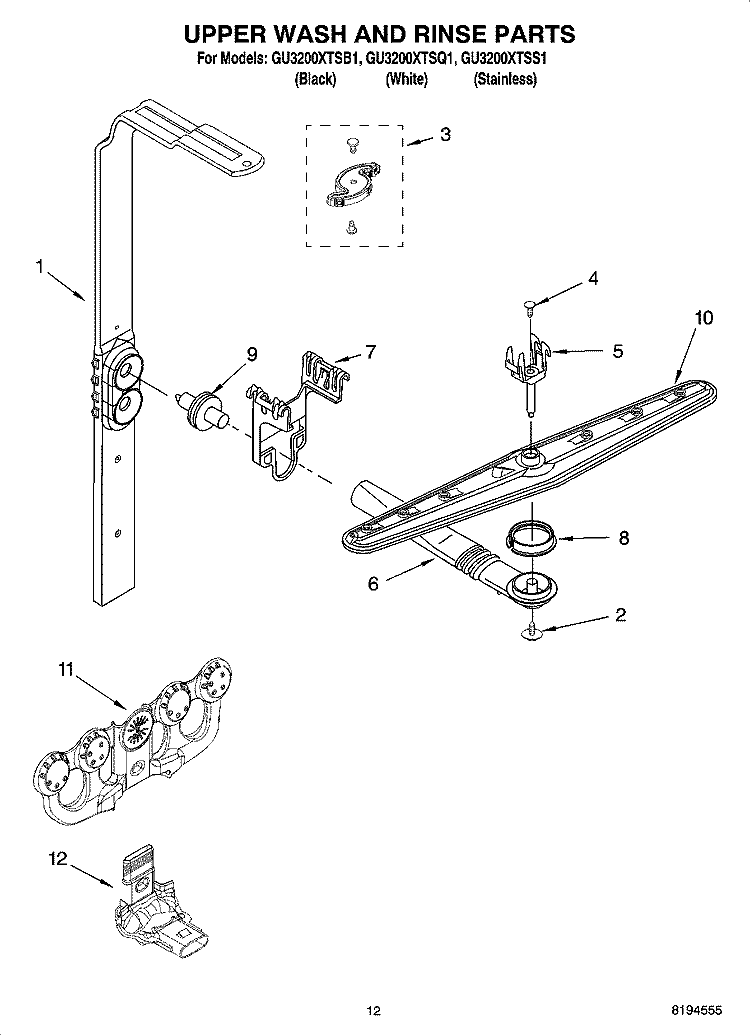 UPPER WASH AND RINSE PARTS Diagram and Parts List for GU3200XTSB1  Whirlpool Dishwasher