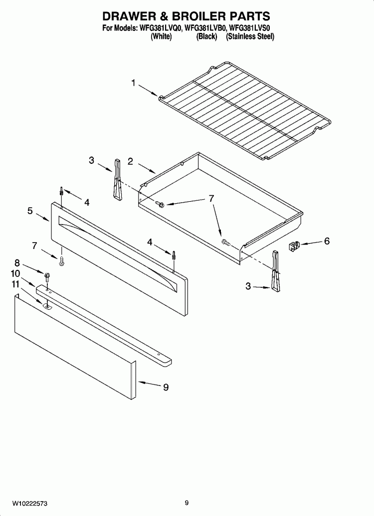 DRAWER & BROILER PARTS, OPTIONAL PARTS Diagram and Parts List for WFG381LVQ0  Whirlpool Range
