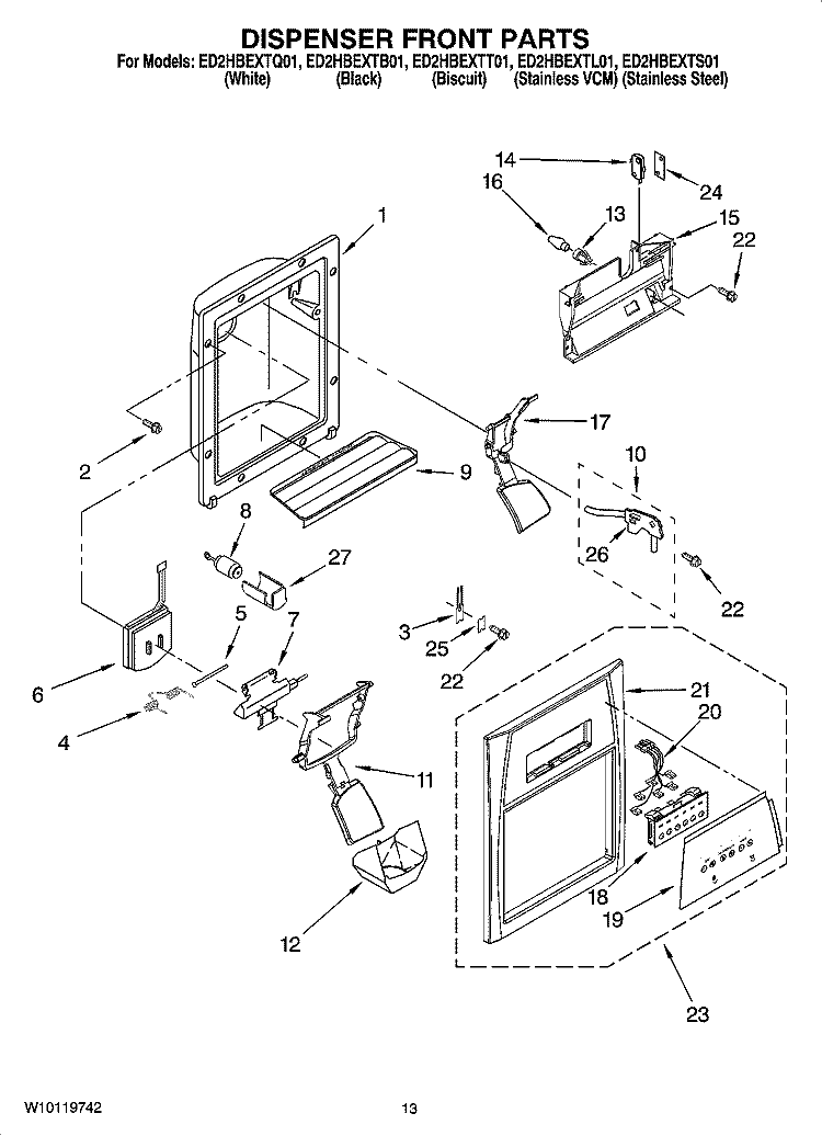 DISPENSER FRONT PARTS Diagram and Parts List for ED2HBEXTQ01  Whirlpool Refrigerator
