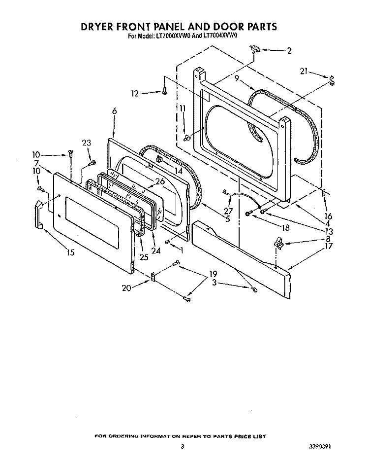 DRYER FRONT PANEL AND DOOR Diagram and Parts List for LT7000XVW0  Whirlpool Washer Dryer Combo