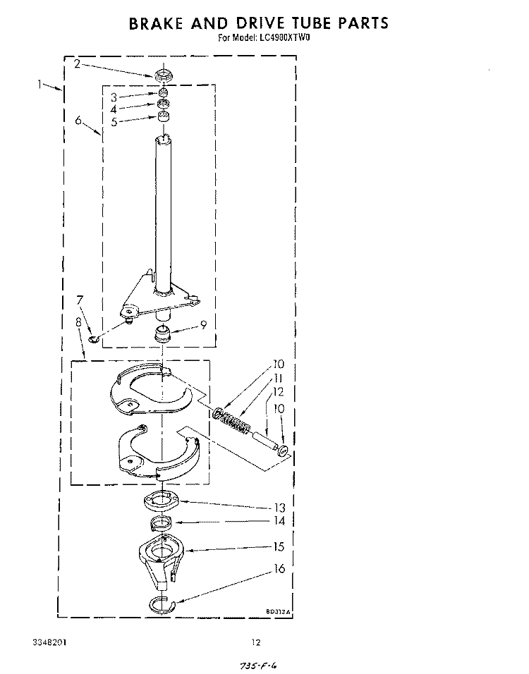 BRAKE AND DRIVE TUBE Diagram and Parts List for LC4900XTN0  Whirlpool Washer