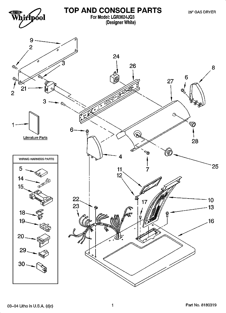 TOP AND CONSOLE PARTS Diagram and Parts List for LGR3624JQ3  Whirlpool Dryer