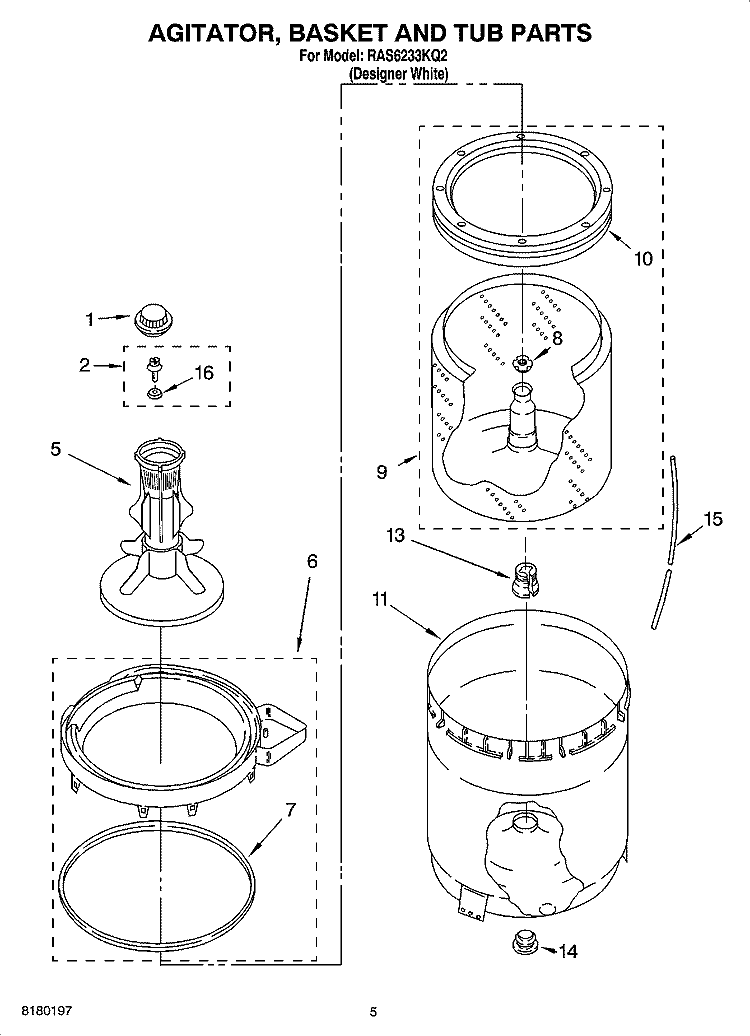 AGITATOR, BASKET AND TUB PARTS Diagram and Parts List for RAS6233KQ2  Roper Washer