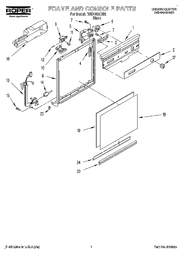 FRAME AND CONSOLE Diagram and Parts List for RUD4500DB2  Roper Dishwasher