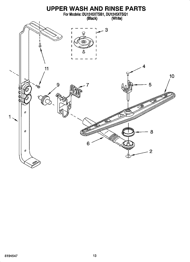 UPPER WASH AND RINSE PARTS Diagram and Parts List for DU1245XTSB1  Whirlpool Dishwasher