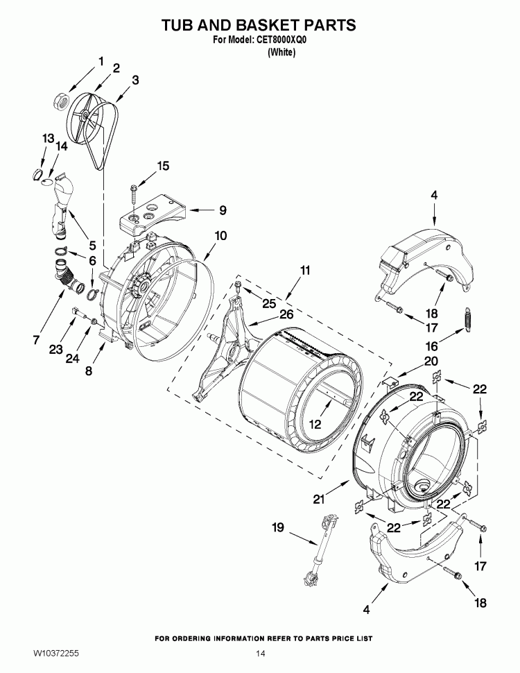 TUB AND BASKET PARTS Diagram and Parts List for CET8000XQ0  Whirlpool Washer Dryer Combo