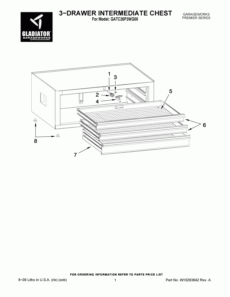 3-DRAWER INTERMEDIATE CHEST Diagram and Parts List for GATC26P3WG00  Whirlpool Cabinet