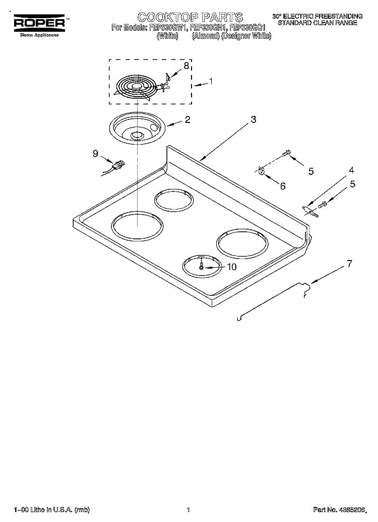 COOKTOP Diagram and Parts List for FEP330GQ1  Roper Range