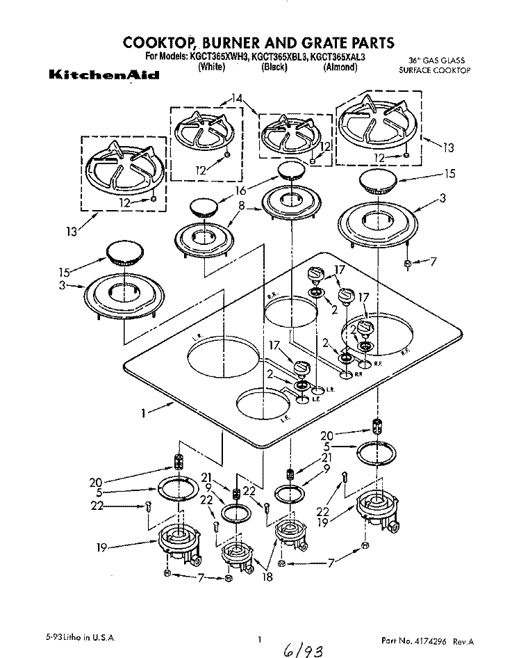 SECTION Diagram and Parts List for KGCT365XBL3  KitchenAid Cooktop