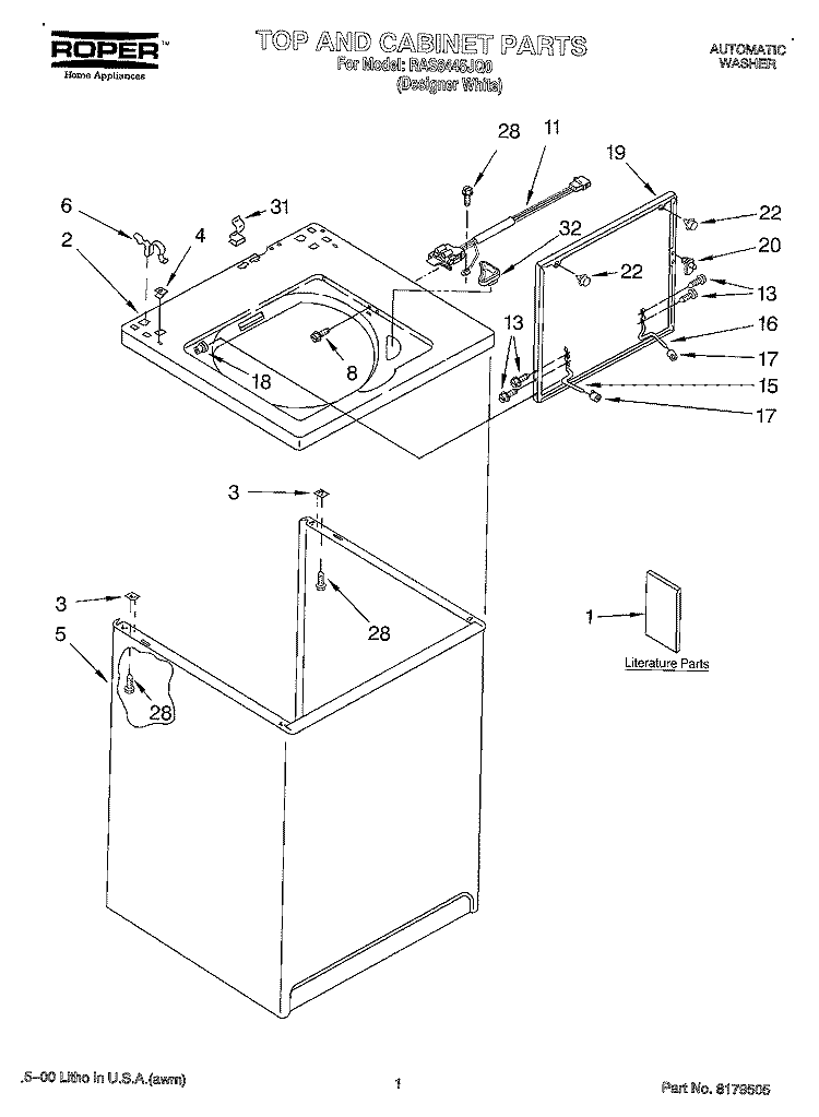TOP AND CABINET, LITERATURE Diagram and Parts List for RAS8445JQ0  Roper Washer