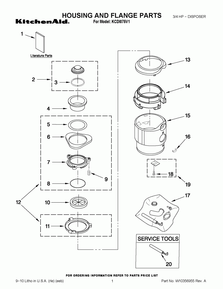 HOUSING AND FLANGE PARTS Diagram and Parts List for KCDI075V1  KitchenAid Food Waste Disposer