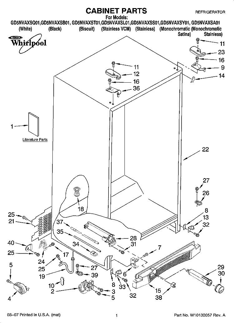 CABINET PARTS Diagram and Parts List for GD5NVAXSL01  Whirlpool Refrigerator