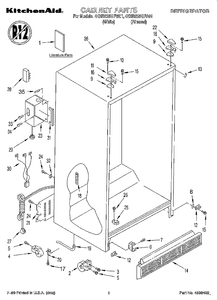 CABINET, LITERATURE Diagram and Parts List for 4KSRS25QFW01  KitchenAid Refrigerator