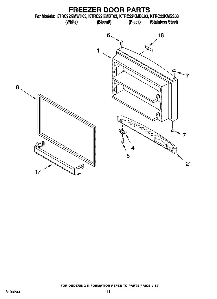 FREEZER DOOR PARTS, OPTIONAL PARTS Diagram and Parts List for KTRC22KMBT03  KitchenAid Refrigerator