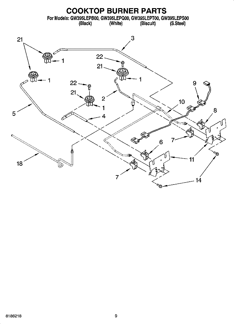 COOKTOP BURNER PARTS, OPTIONAL PARTS Diagram and Parts List for GW395LEPQ00  Whirlpool Range