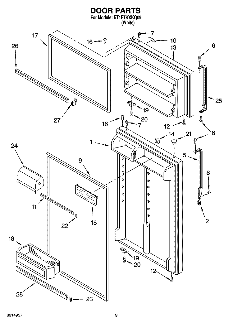 DOOR PARTS Diagram and Parts List for ET1FTKXKQ09  Whirlpool Refrigerator
