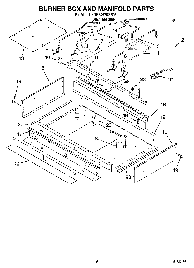 BURNER BOX AND MANIFOLD PARTS Diagram and Parts List for KDRP467KSS05  KitchenAid Range