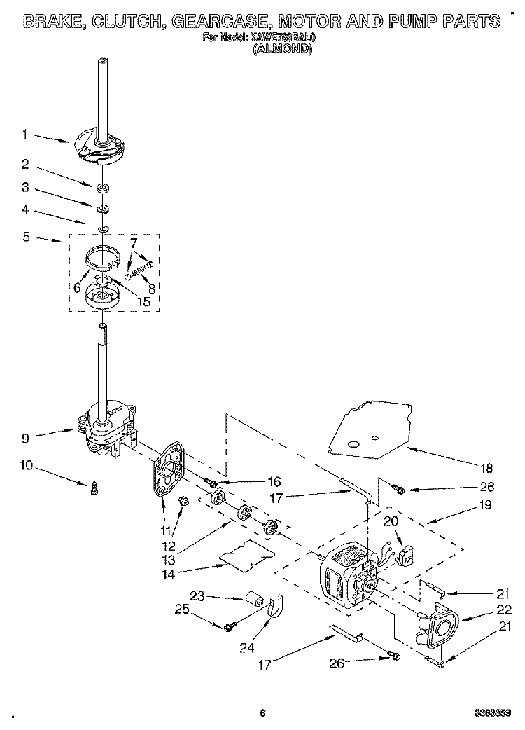 BRAKE, CLUTCH, GEARCASE, MOTOR AND PUMP Diagram and Parts List for KAWE768BWH0  KitchenAid Washer