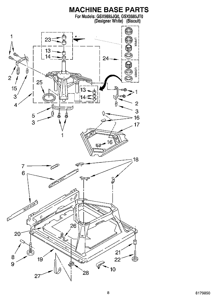 MACHINE BASE Diagram and Parts List for GSX9885JT0  Whirlpool Washer