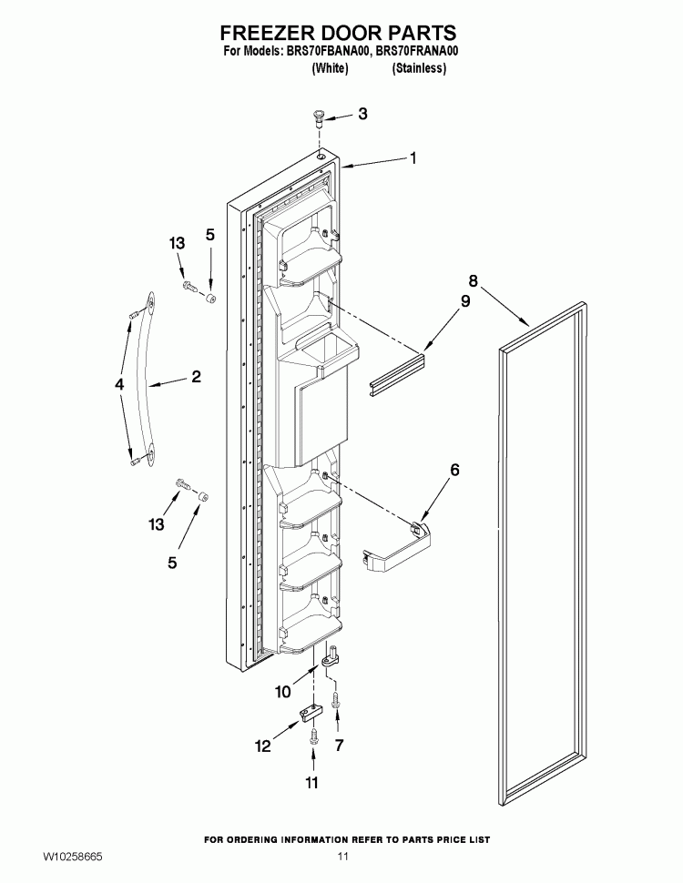 FREEZER DOOR PARTS Diagram and Parts List for BRS70FRANA00  Whirlpool Refrigerator