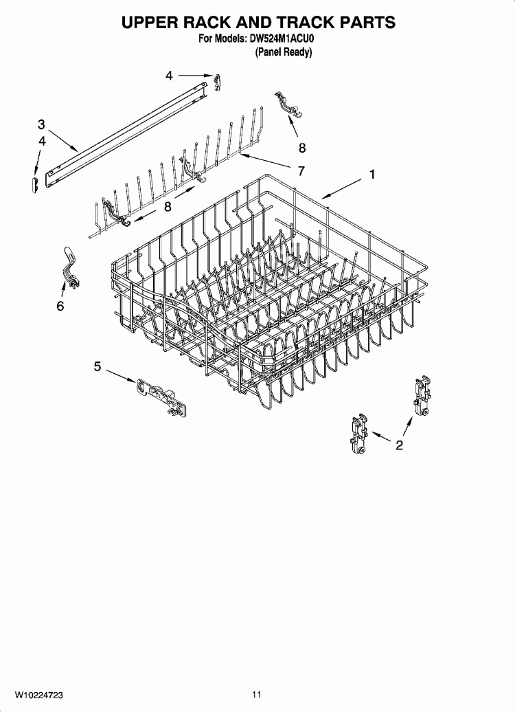 UPPER RACK AND TRACK PARTS Diagram and Parts List for DW524M1ACU0  Whirlpool Dishwasher