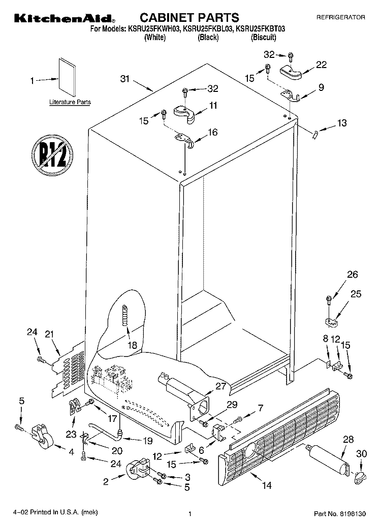 CABINET, LITERATURE Diagram and Parts List for KSRU25FKBT03  KitchenAid Refrigerator
